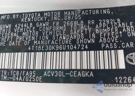 2006 Toyota Camry Xle из США, поврежденный, VIN 4T1BE30K96U104724